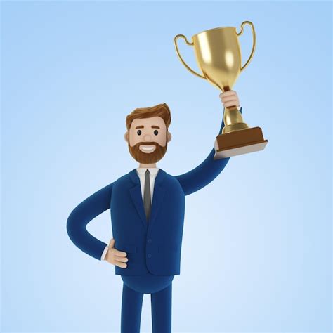 Businessman holds a gold cup in his hand victory and success concept ...