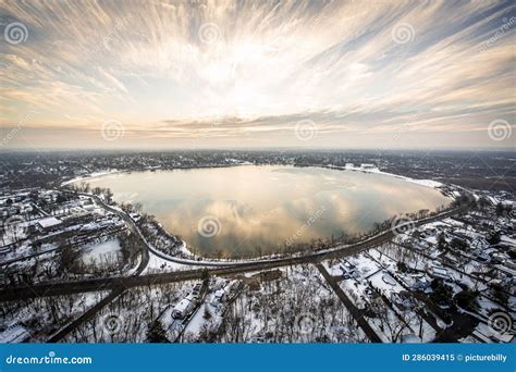 Aerial View of Lake Ronkonkoma with Snow at Sunset in Long Island, New ...