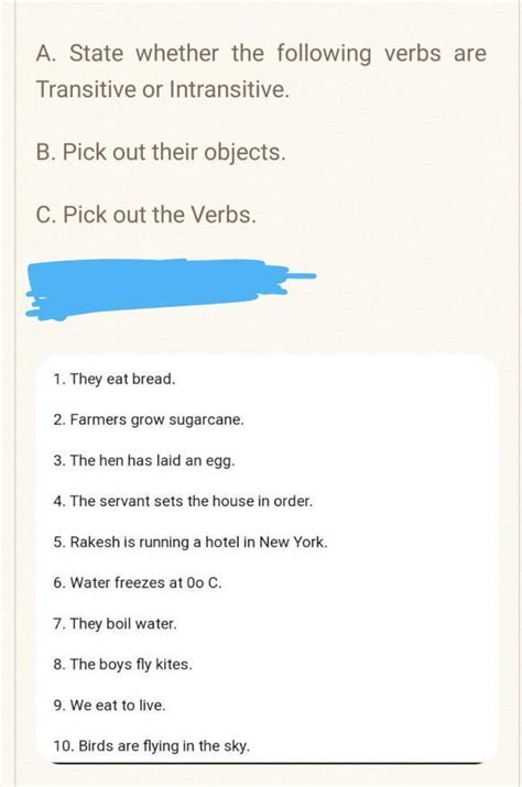 state whether the following verbs are transitive or intransitivepick ...