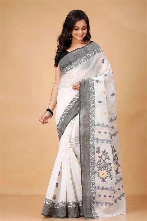 White Grey- Pure Cotton Bengal Handloom Elegant Handwoven Saree With ...