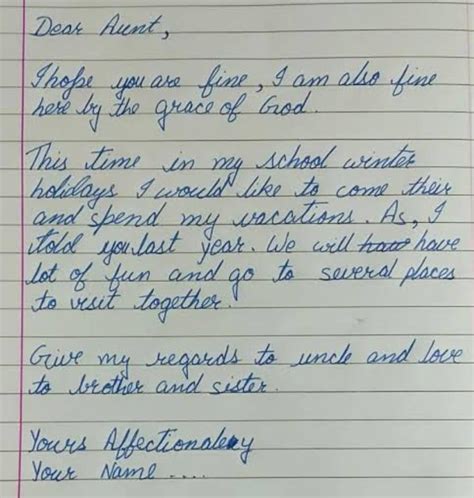 write an email to your aunt for asking to her came to your place for ...