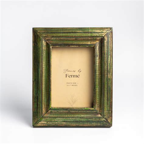 Ferme Vintage Rustic Upcycled Natural Wood Photo Frame Green & Gold FP