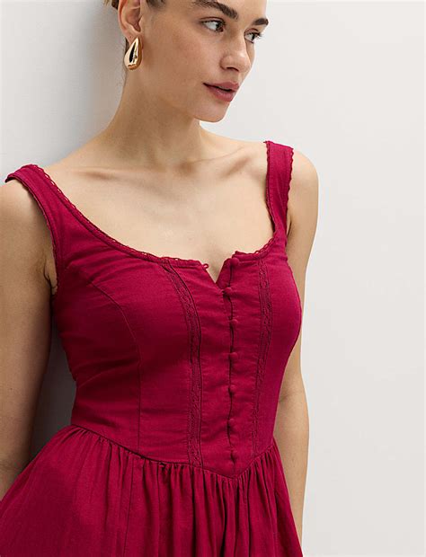 Buy Linen Rich Scoop Neck Lace Insert Midi Waisted Dress at Marks & Spencer