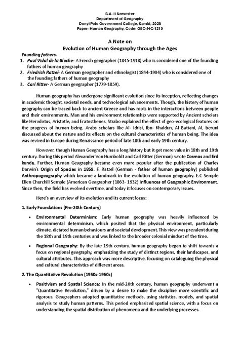 B.A. II Sem. Geography: Evolution of Human Geography Through Ages - Studocu