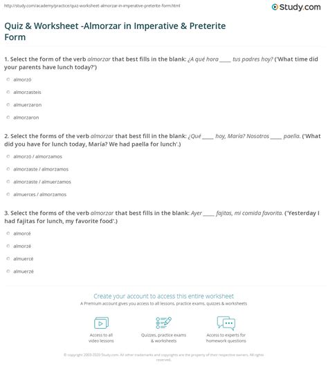 Quiz & Worksheet -Almorzar in Imperative & Preterite Form | Study.com