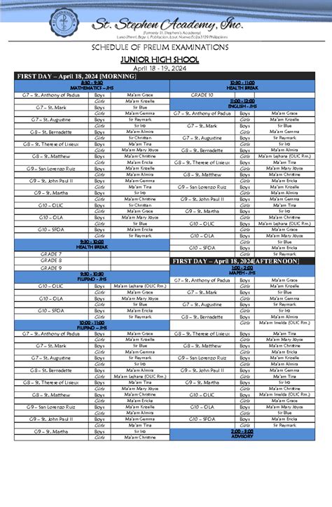 JHS Schedule of 4th Quarter Prelim Exam SY - SCHEDULE OF PRELIM ...