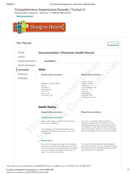 SOLUTION: Comprehensive assessment completed shadow health ...