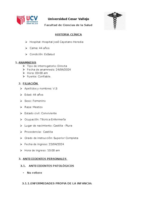 Historia Clinica 44 - Universidad Cesar Vallejo Facultad de Ciencias de la Salud HISTORIA ...