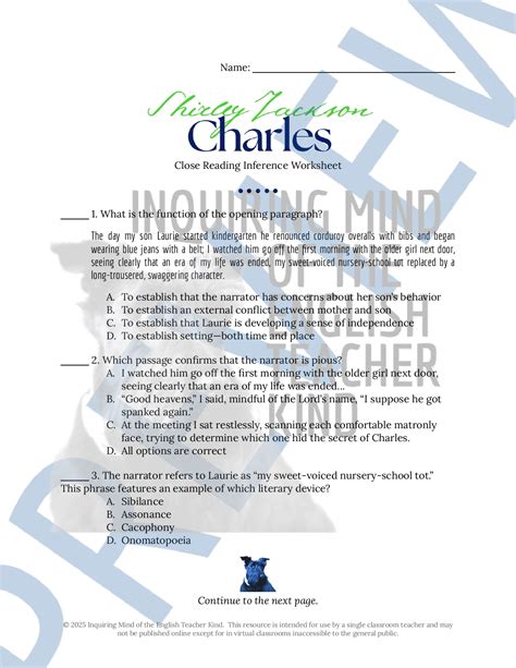 "Charles" by Shirley Jackson Close Reading Analysis Worksheet and ...