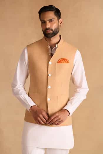 Buy Beige Wool Desert Tone Nehru Jacket For Men by Raghavendra Rathore ...