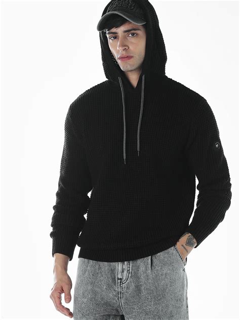 Textured Oversized Hooded Pullover - Black