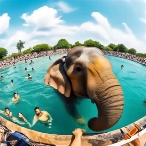 Elephant bathing in crowded public swimming pool on sunny day on Craiyon