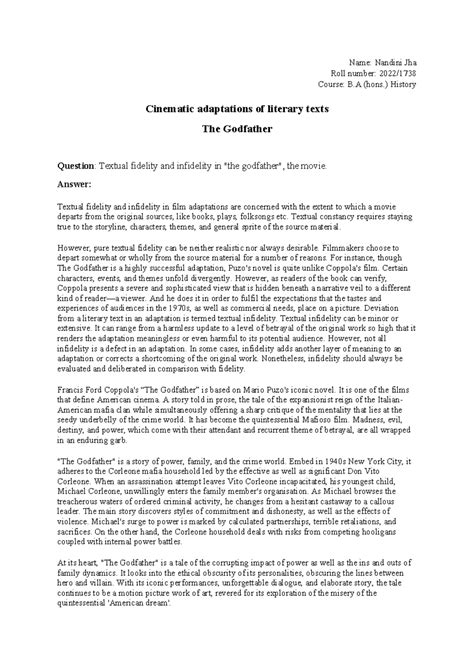 Textual fidelity and infidelity in the godfather the movie - Name ...