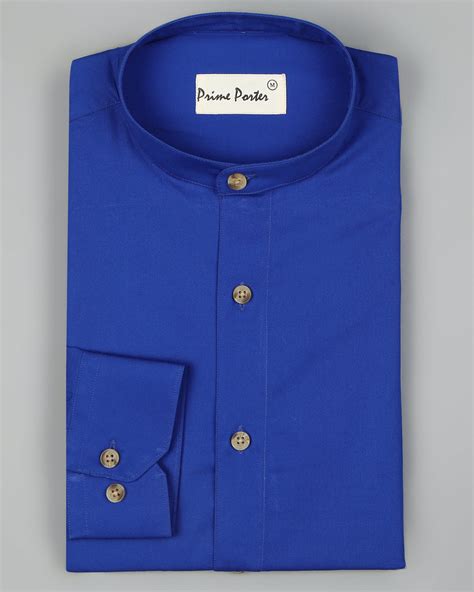 Electric Blue Band Collar Cotton Shirt For Men – Prime Porter