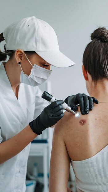 A cosmetologist in a white cap and black gloves examines a mole on the ...