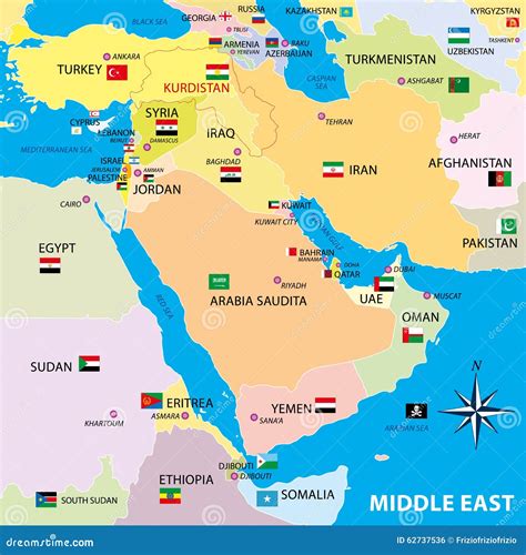 Middle East Map with Borders and Flags Stock Illustration - Illustration of international, east ...