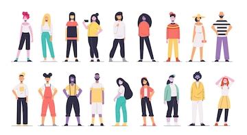 Set young men women group posing in casual clothes female cartoon ...