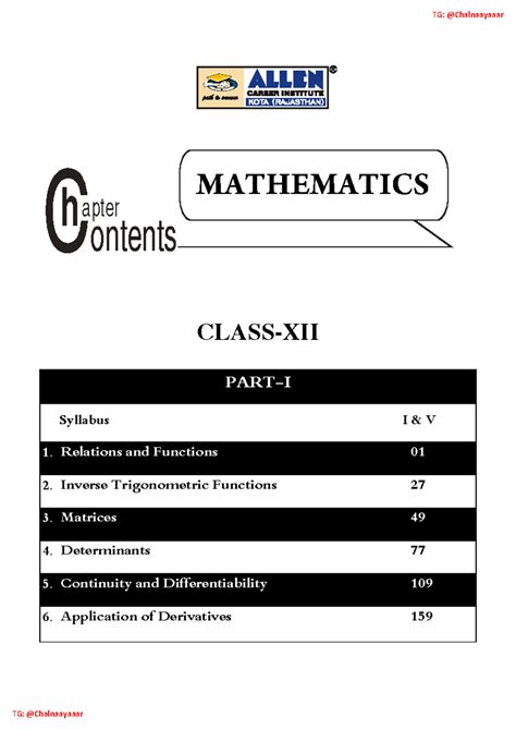 CBSE - Mathematics PART 1 - h a pter ontents CLASS-XII PART-I Syllabus ...