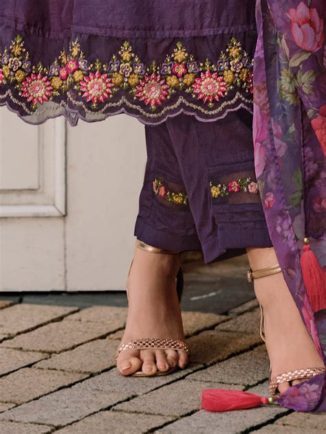 Indo Era Purple Embroidered A-Line Kurta Trousers With Dupatta Set ...