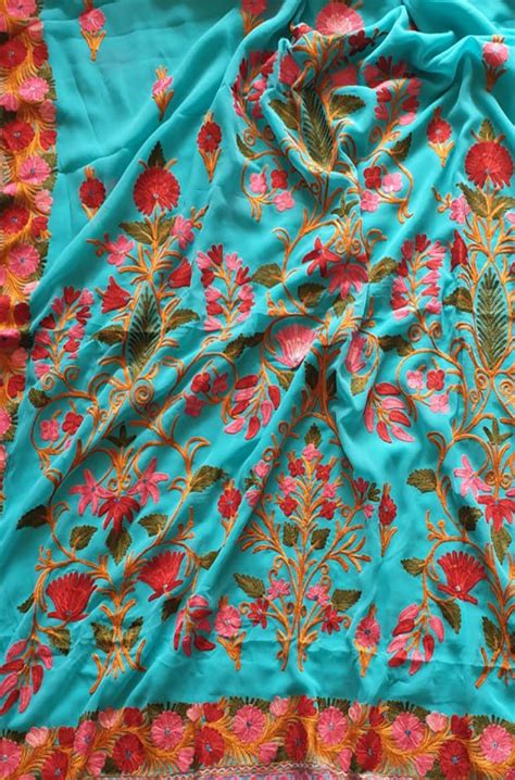 Blue Embroidered Kashmiri Aari Work Georgette Saree - Luxurionworld