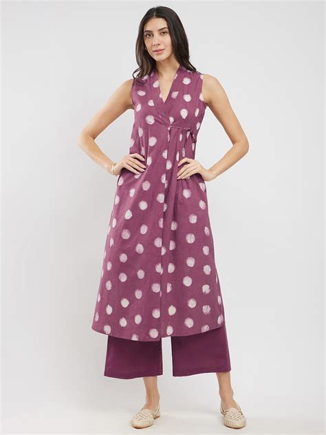 BuyBurgundy Cotton Dabu Polka Wrap Kurta Set Online | Pink Fort – Pink ...