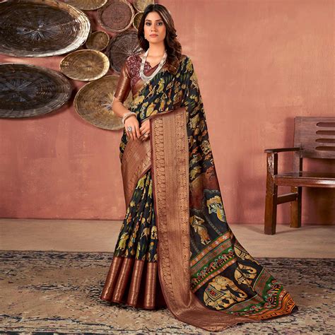 Black & Brown Printed With Woven Border Kota Doria Saree
