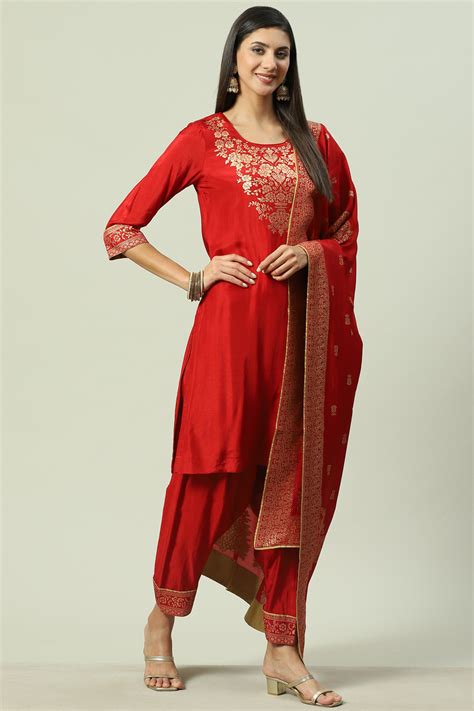 Red LIVA Straight Kurta Salwar Kurta Salwar Suit Set at Biba India