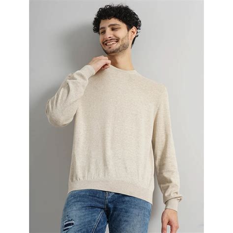 Celio* Solid Regular Fit Cotton Beige Sweater