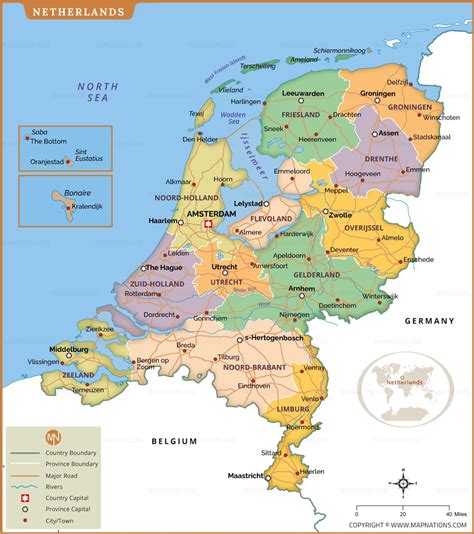 Map of the Netherlands including provinces, capitals, cities, and major roads