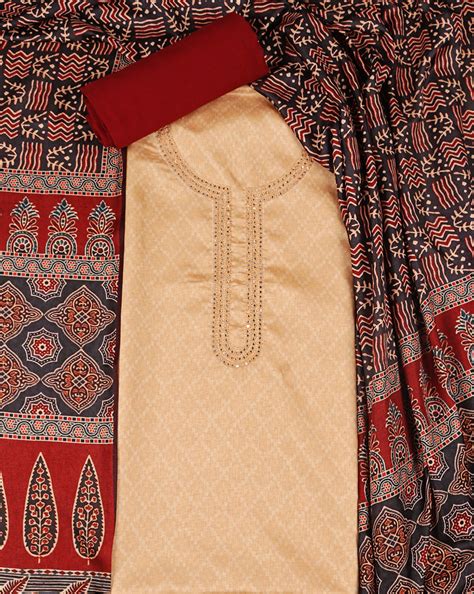 Beige Mirror Work Suit with Ajrakh Dupatta – Lavanya India