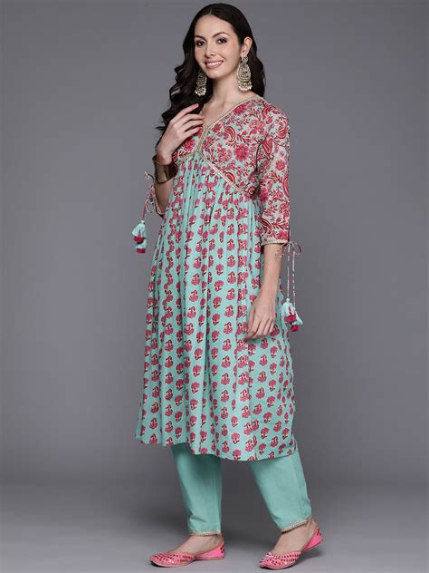 Indo Era Sea Green Floral Printed Empire Pure Cotton Kurta with Trouse ...