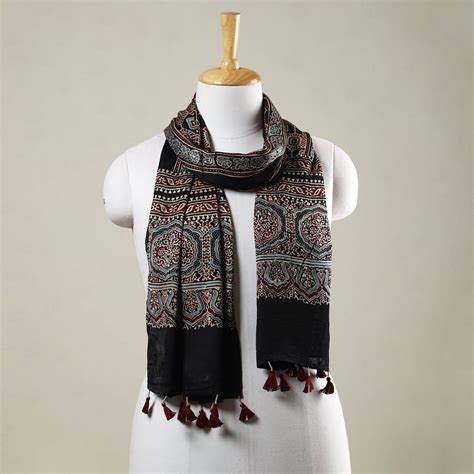 Black Ajrakh Hand Block Printed Natural Dyed Modal Silk Stole with Tassels