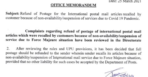 Refund of Postage for the International postal mail articles recalled ...
