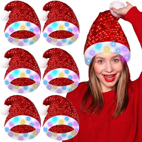 Amazon.com: Liitrsh 6 Pieces Christmas Sequin Santa Hat with LED Lights ...