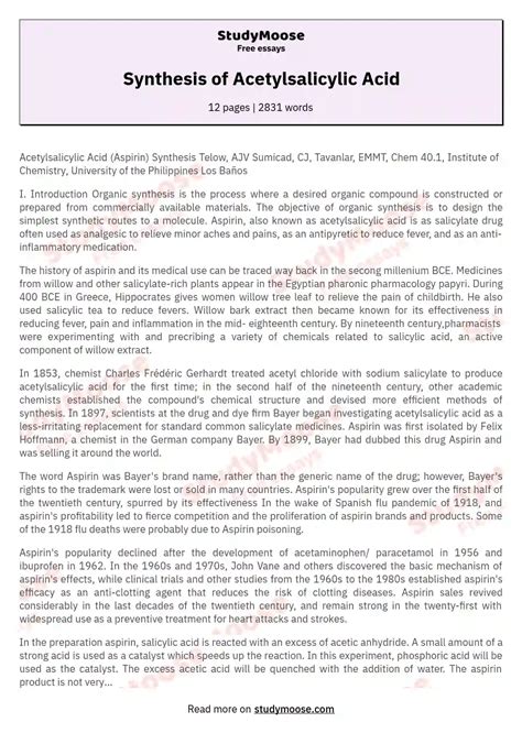 Synthesis of Acetylsalicylic Acid Free Essay Example