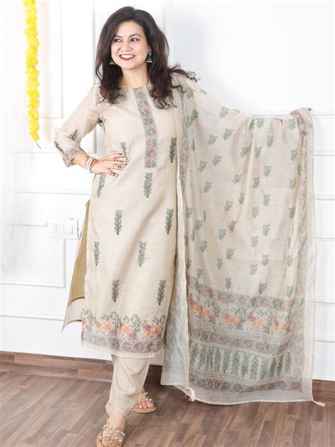 Kavish Sand Beige Printed Hem with Kantha Work Detailing Chanderi 3 Pi ...