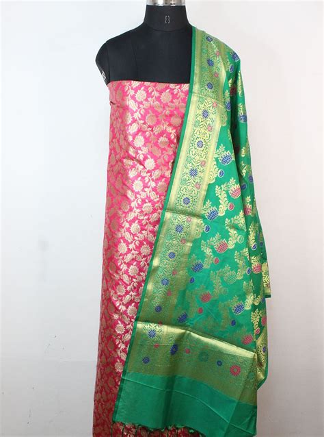 Stunning Pink Banarasi Silk Suit with Green Meenakari Dupatta
