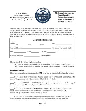 Fillable Online Unclaimed Property Claim Form- Heir, Trustee, or Parent ...