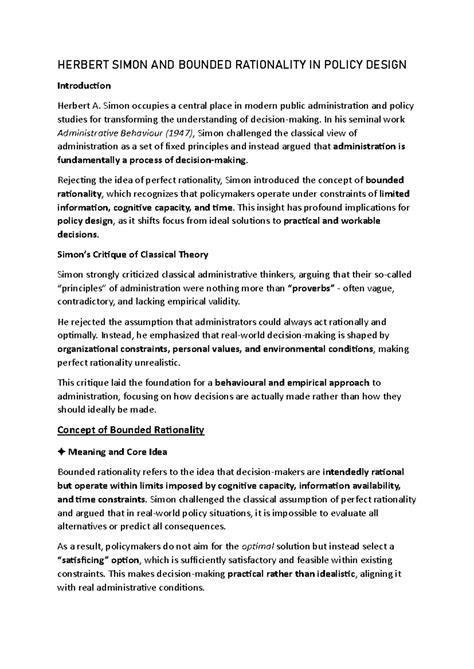 HERBERT SIMON: BOUNDED RATIONALITY IN POLICY DESIGN (POL 101) - Studocu