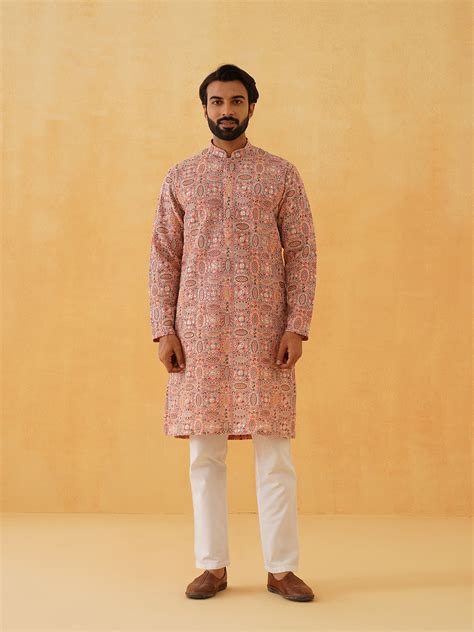 Men's Georgette Multi Embroidered Kashmiri Work Peach Long Kurta – Sojanya