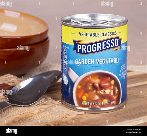 January 3, 2019:Closeup of a can of Progresso Garden Vegetable Soup ...
