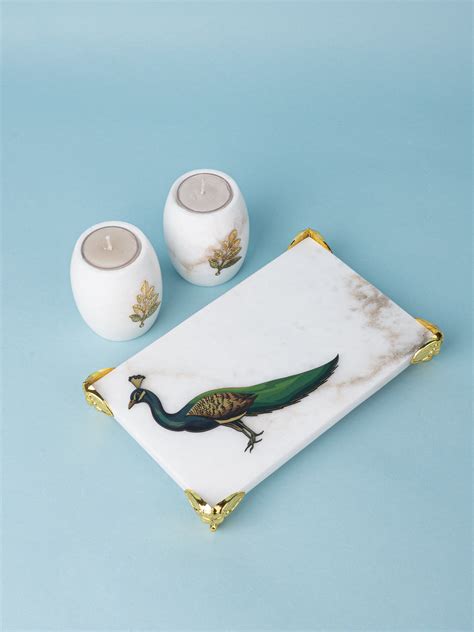 Set of 2 Tea light Candle Holders in a Rectangular Peacock Tray with G