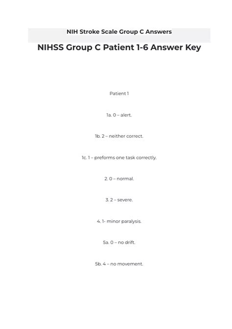 NIH Stroke Scale Group C Answers/ NIHSS Group C Patient 1-6 Answer Key ...