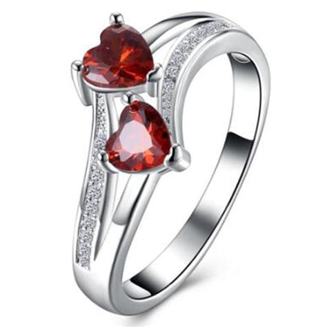 Peora Silver Plated Red Double Heart Proposal Ring For Women And Girls ...