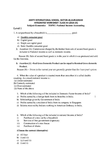 ECO Integrated Worksheet for Class XII - National Income Accounting ...