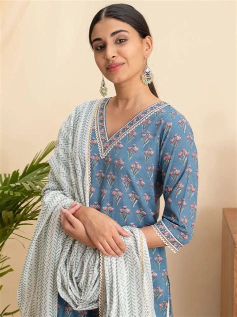 Buy Blue Printed Cotton Straight Kurta With Palazzos & Dupatta Online ...