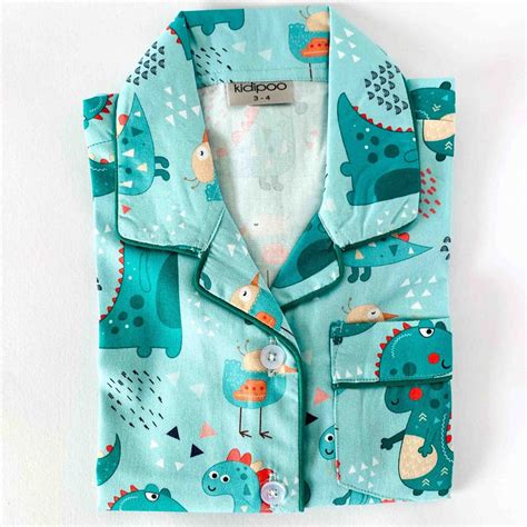 Kids Green Dinosaur Design Print Cotton Night Suit
