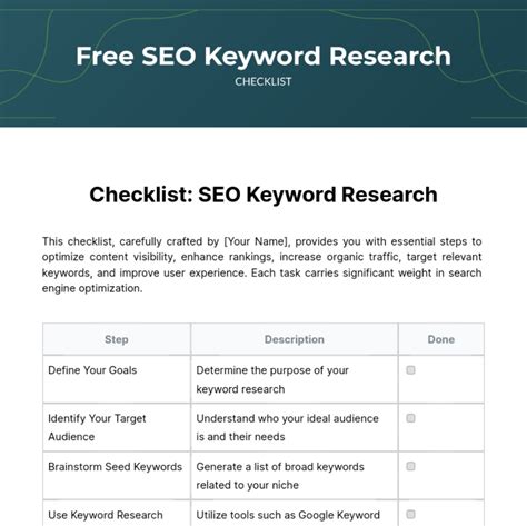 Free SEO Keyword Research Checklist Template to Edit Online