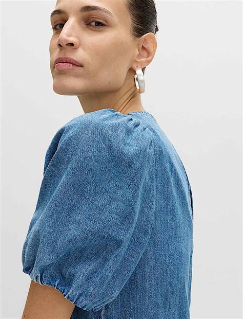 Buy Denim Puff Sleeve Midi Drop Waist Dress at Marks & Spencer