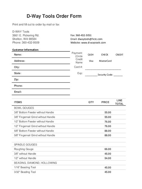Fillable Online Fillable Online D-Way Tools Order Form Fax Email Print ...